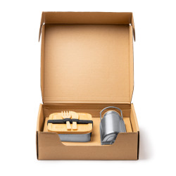 Set de fiambrera con cubiertos y bidón, de acero inoxidable.