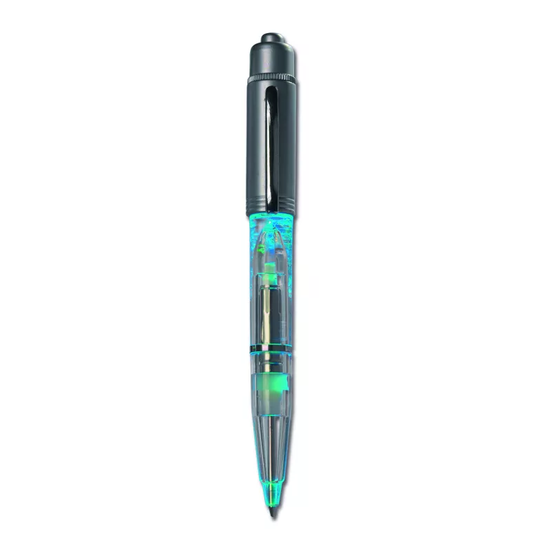Bolígrafo con luz y mecanismo de giro. 1 pila botón incluida. Escritura azul.