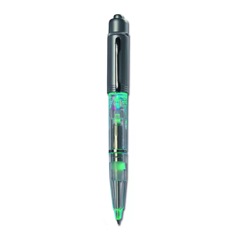 Bolígrafo con luz y mecanismo de giro. 1 pila botón incluida. Escritura azul.