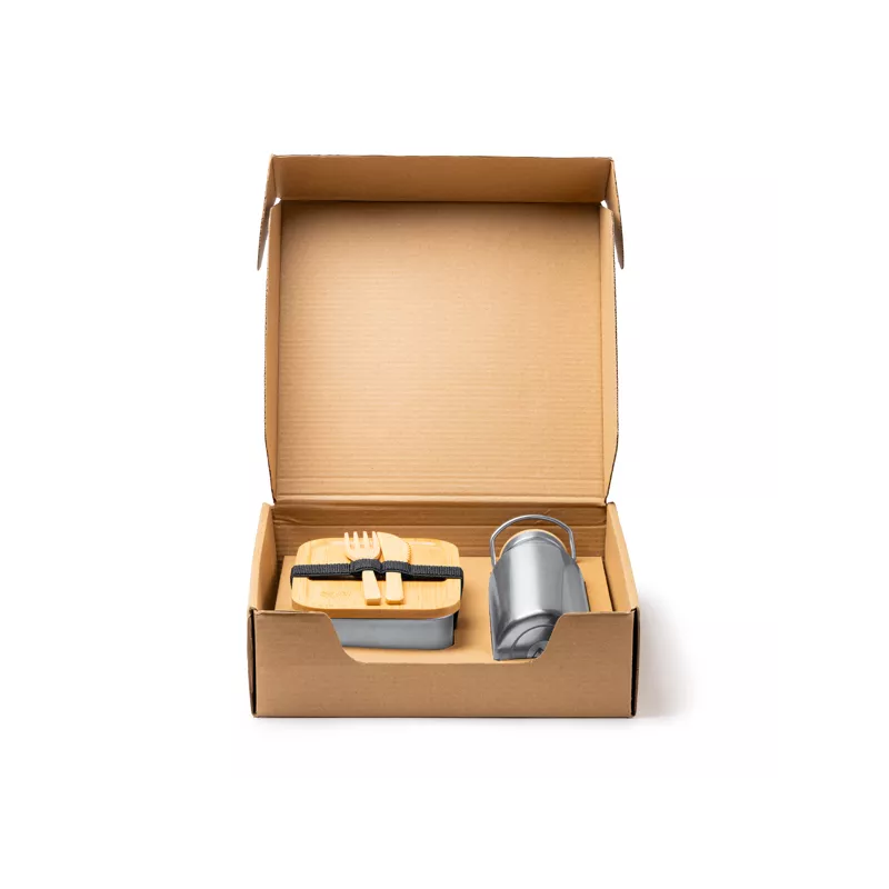 Set de fiambrera con cubiertos y bidón, de acero inoxidable.
