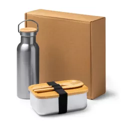 Set de fiambrera con cubiertos y bidón, de acero inoxidable.