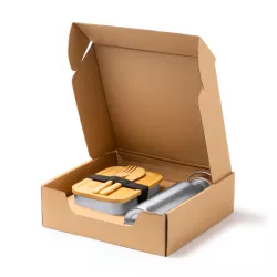 Set de fiambrera con cubiertos y bidón, de acero inoxidable.