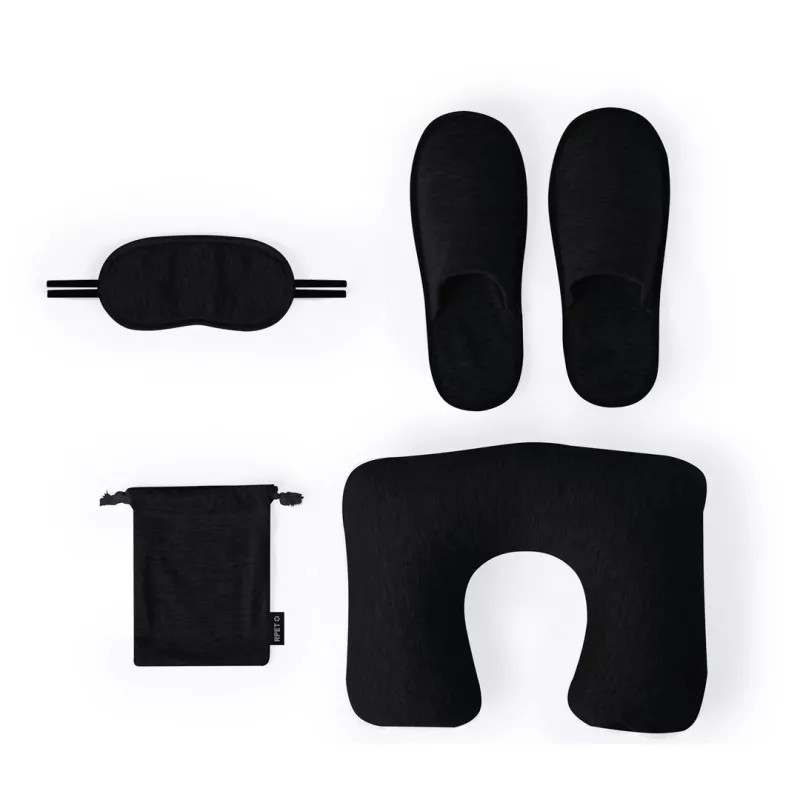 Set Viaje Poliéster con almohadilla, antifaz y zapatillas.